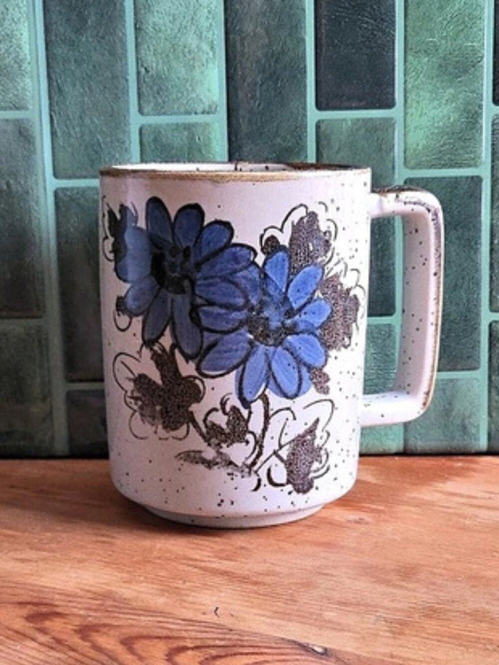 Vintage Otagiri Style Japan Speckled Stoneware Blue Floral Mug 3x4